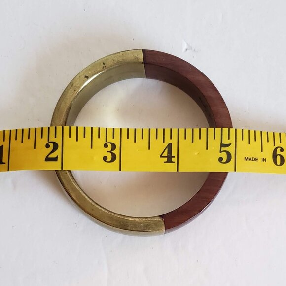 2pcs Vintage BRASS & WOOD Bangles Bracelets Wide Minimalist Modernist - Picture 5 of 12